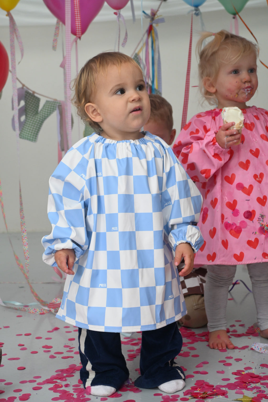 Blue check waterproof kids art smock and food bib