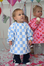 Blue check waterproof kids art smock and food bib