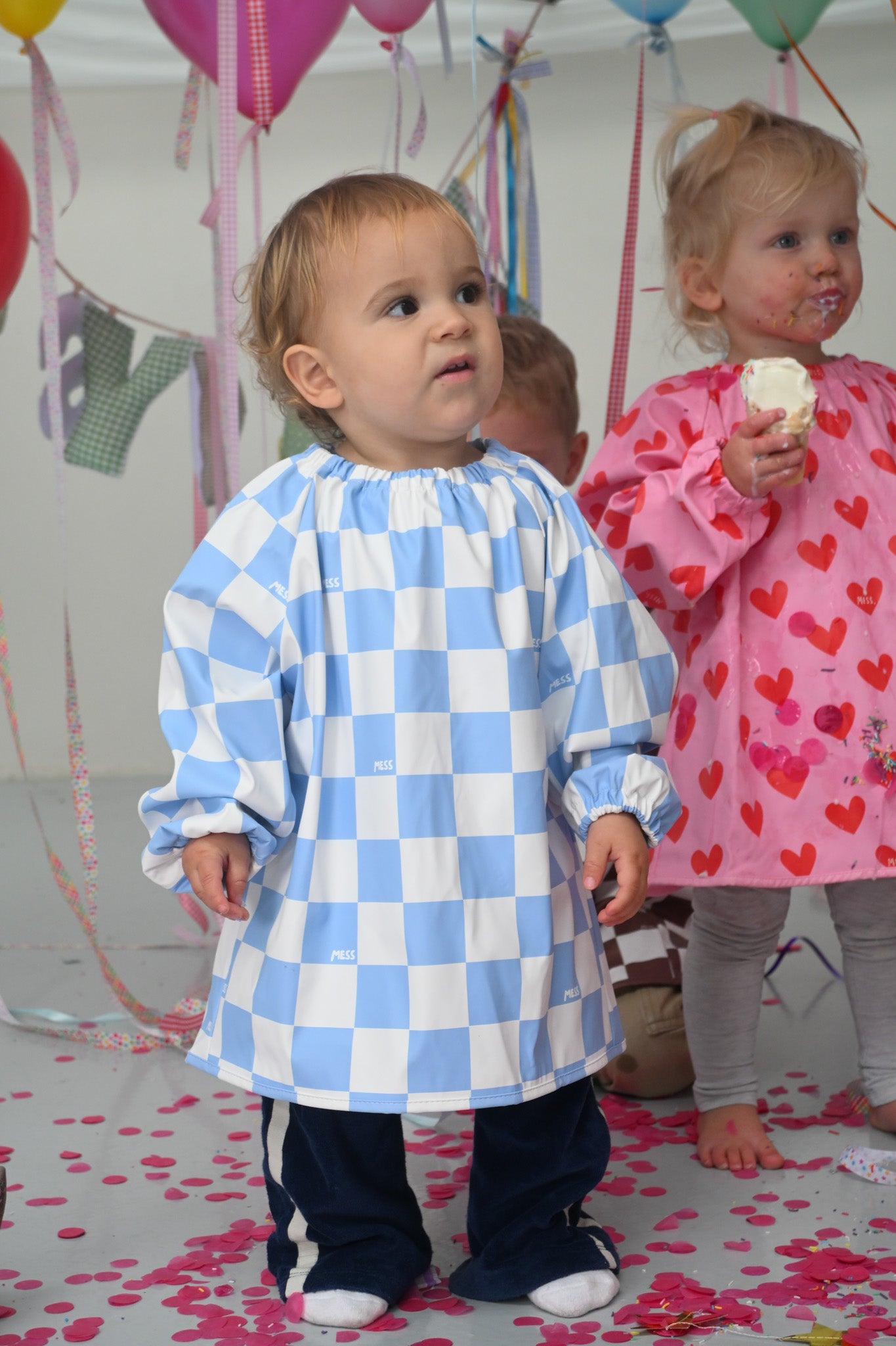 Blue check waterproof kids art smock and food bib